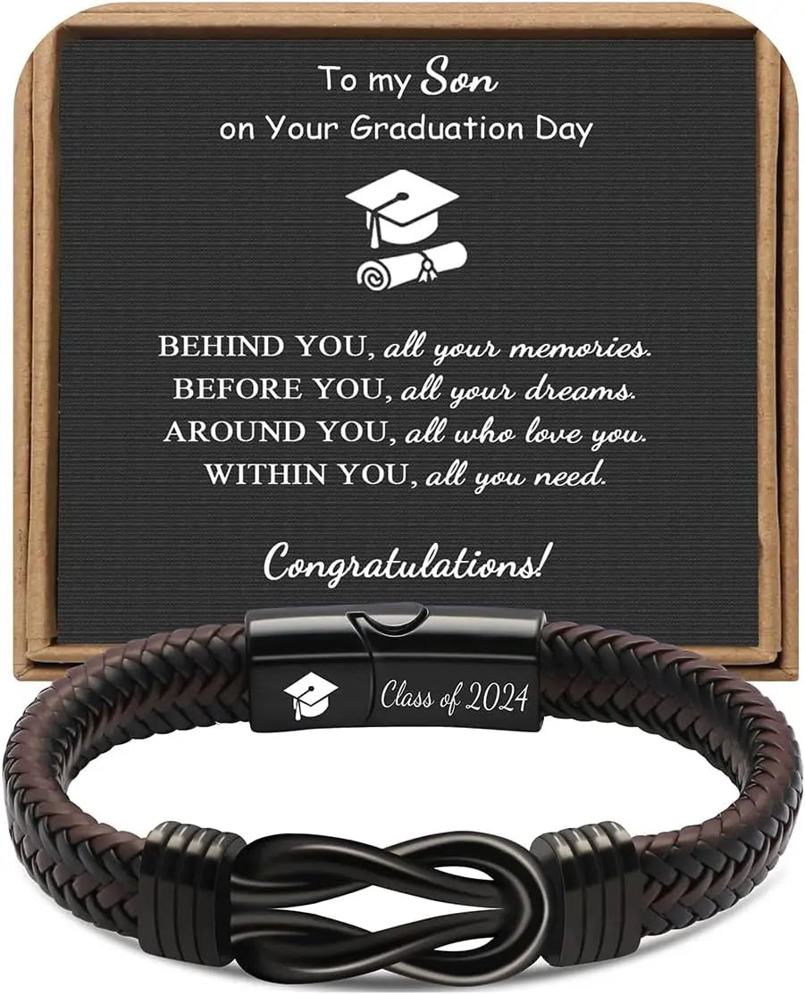High School College Graduation Gifts for Men Class of 2024 Leather Stainless Steel Knot Bracelet, Graduation Gifts for Son BFF
