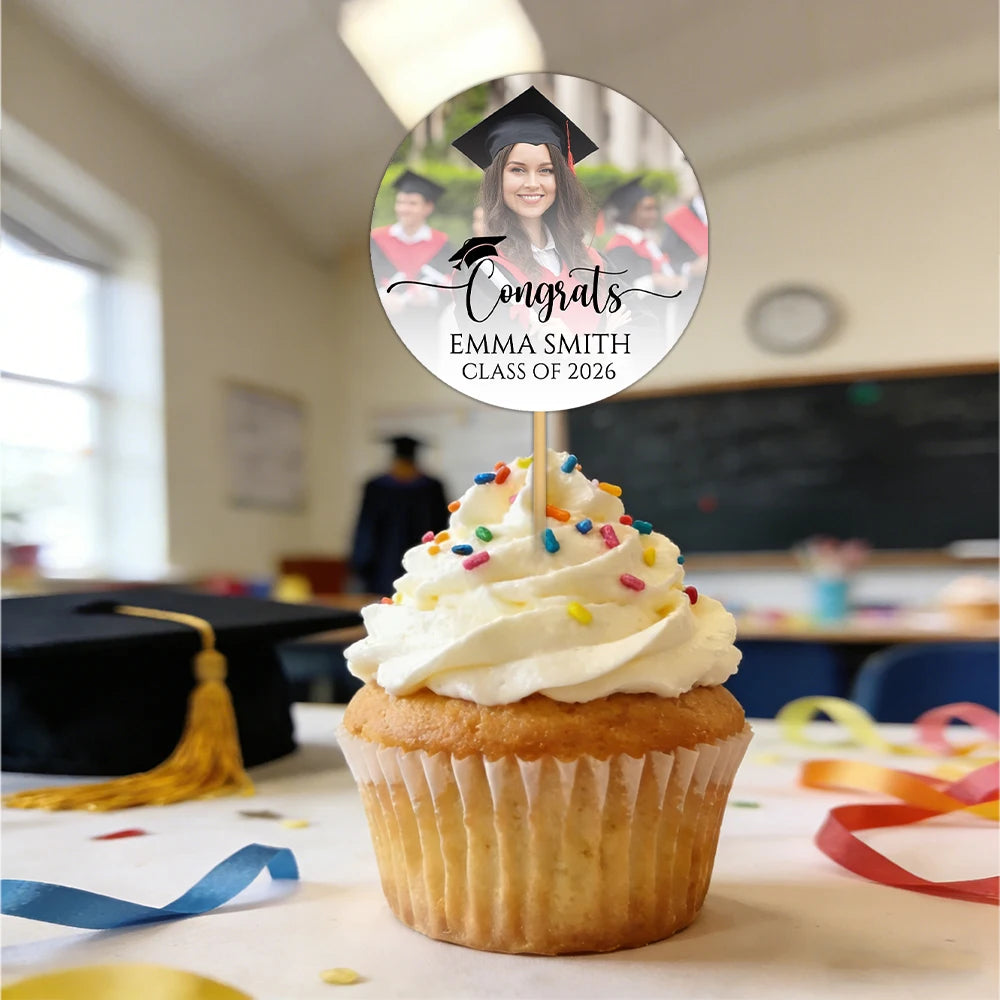 6/12/24pcs customized photos and text graduation cake topper, perfect for 2026 graduation season, happy graduation parties