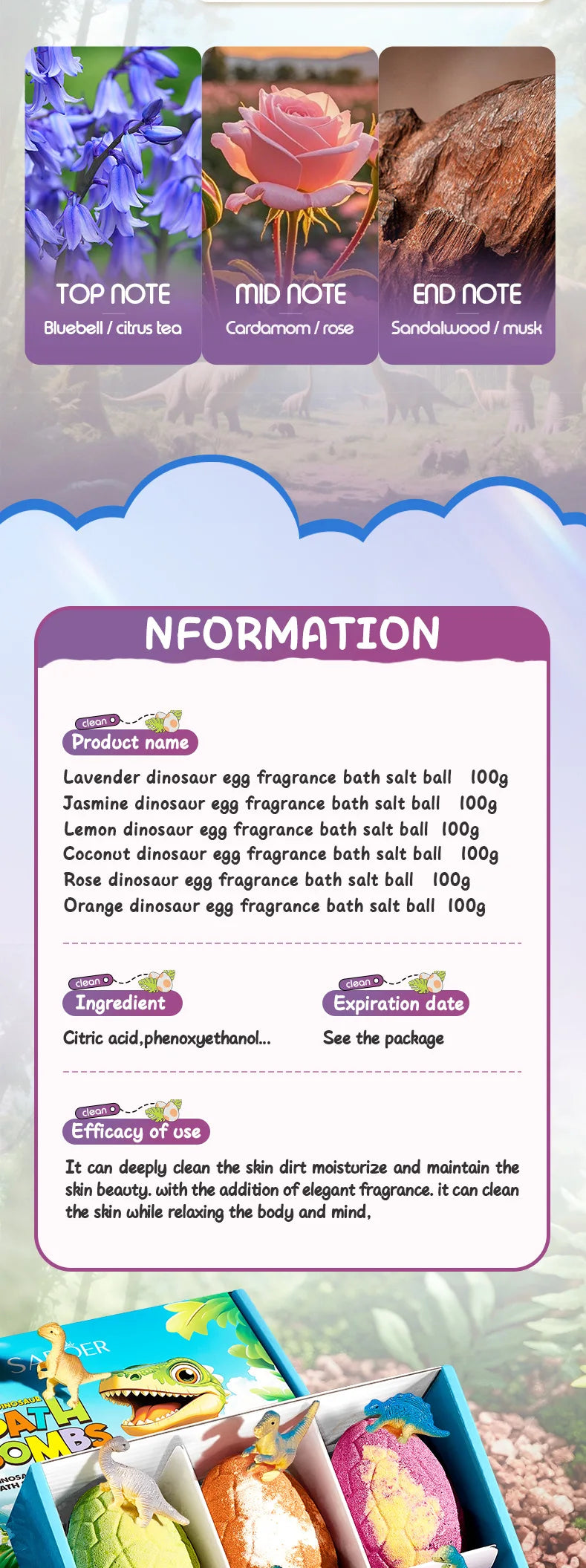 100gx6pcs Dinosaur Egg Shaped Bath Bombs Fruit and Flower Scented Bubble Bath Moisturizing Bath Bombs Festival Gifts