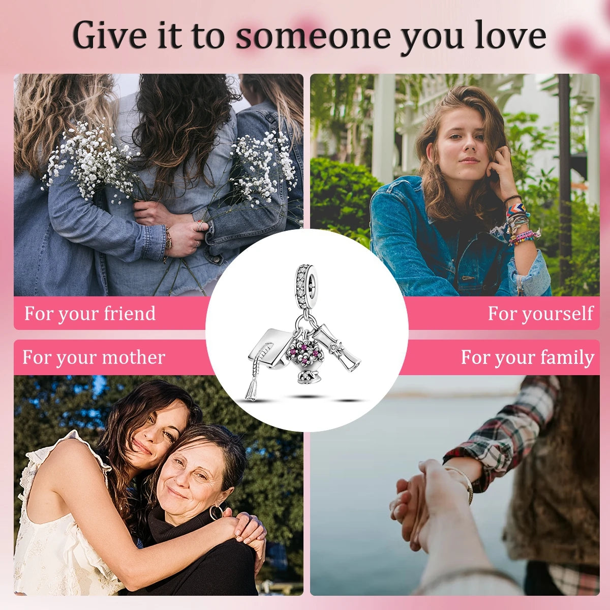 925 Sterling Silver Graduation Charm Cap Tassel Diploma Bouquet Dangle Pendant fit Women DIY Bracelet Necklace Jewelry Gift