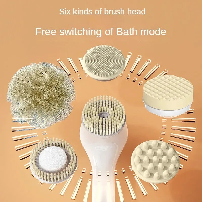 Electric Bath Brush with 6 Replaceable Heads, 360° Rotating Body Scrubber, IPX7 Waterproof, Type-C Rechargeable For Shower