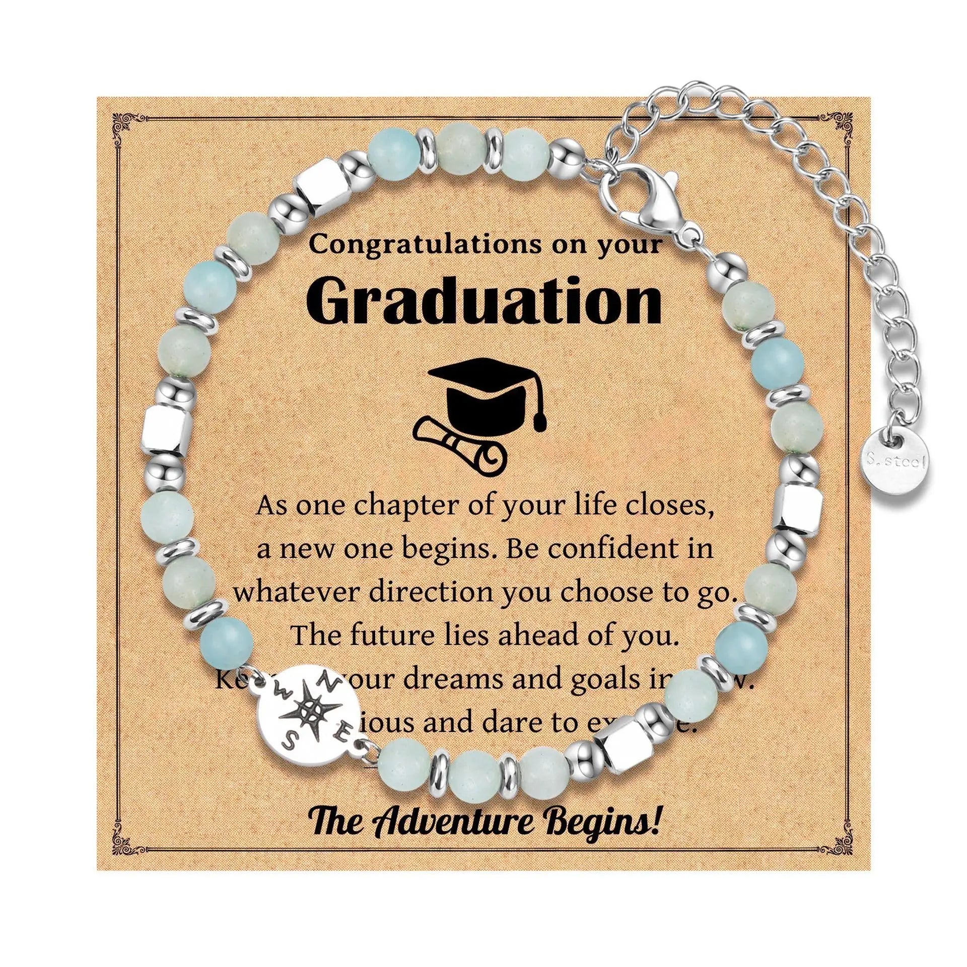 2026 Graduation Gifts Stainless Steel Compass Amazonite Amethyst Beads Bracelets for Women Girls High School College Graduates