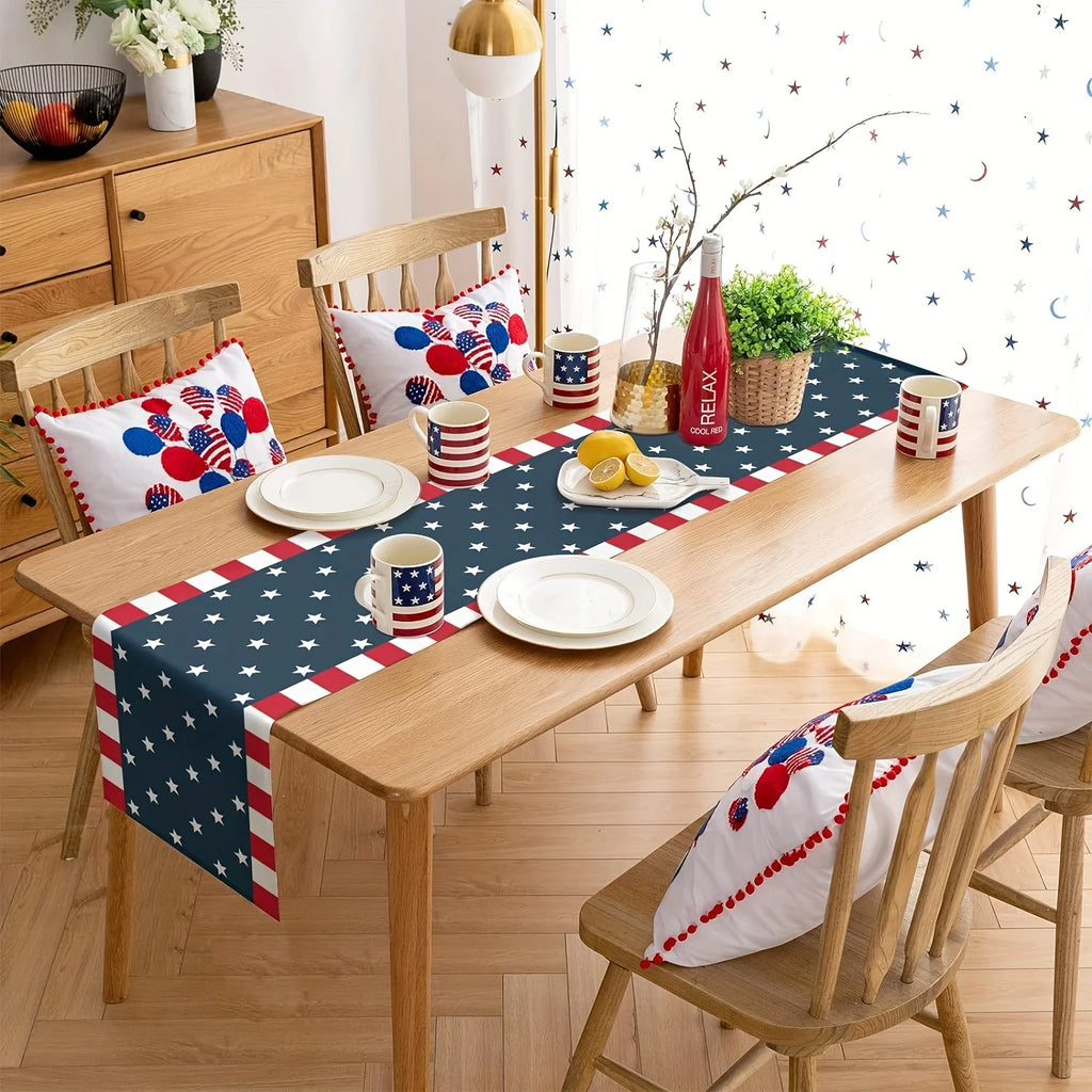 Patriotic American Flag Linen Table Runner - Stars & Stripes 4th of July Decor, Accent for Independence Day Party Kitchen