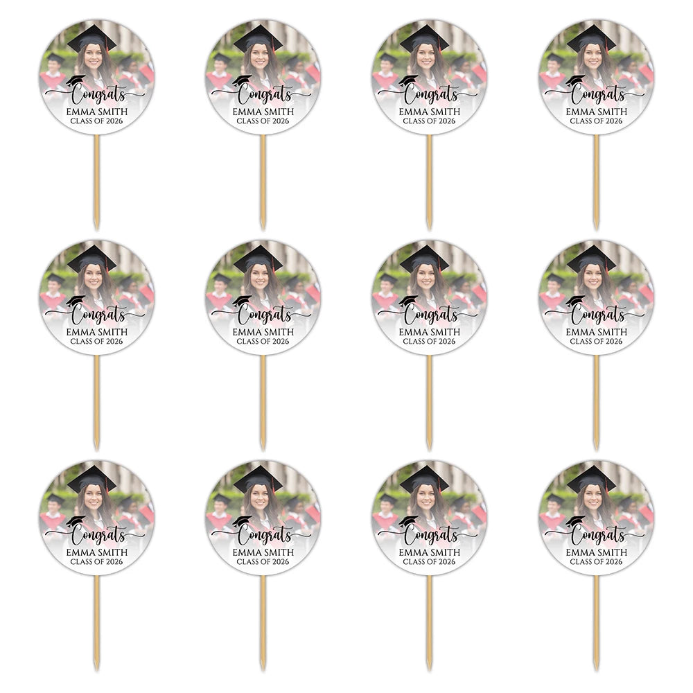 6/12/24pcs customized photos and text graduation cake topper, perfect for 2026 graduation season, happy graduation parties
