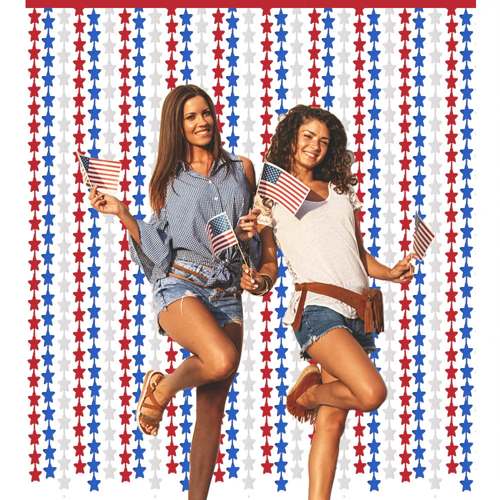 4th of July Decorations Red White Blue Star Tinsel Foil Fringe Curtains Independence Day Photo Booth Backdrop Patriotic Party