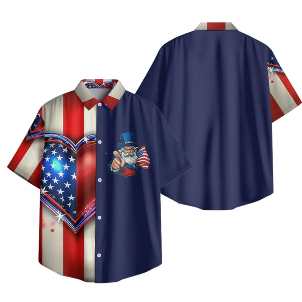 Men's Patriotic July 4th Button-Up Shirt American Flag Eagle Print Short Sleeve Casual Top for Independence Day Celebrations