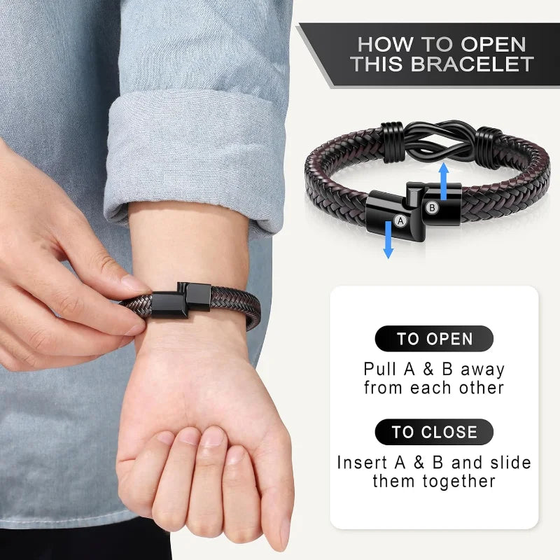 High School College Graduation Gifts for Men Class of 2024 Leather Stainless Steel Knot Bracelet, Graduation Gifts for Son BFF