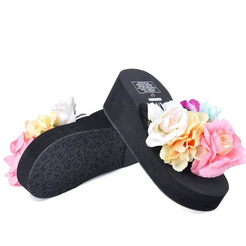 6cm High Heel Women's Summer New Beach Handmade Flip-flops Muffin Thick Bottom Flower Sandals Increase Wild Women's Slippers