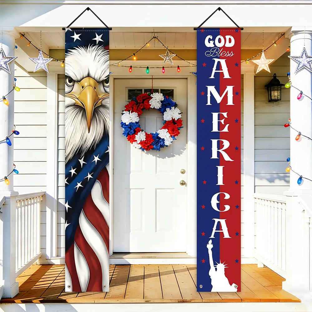 1 Set Patriotic Porch Banner American Flag Polyester Independence Day Front Door Hanging Decoration For 4th Of July Party Decor