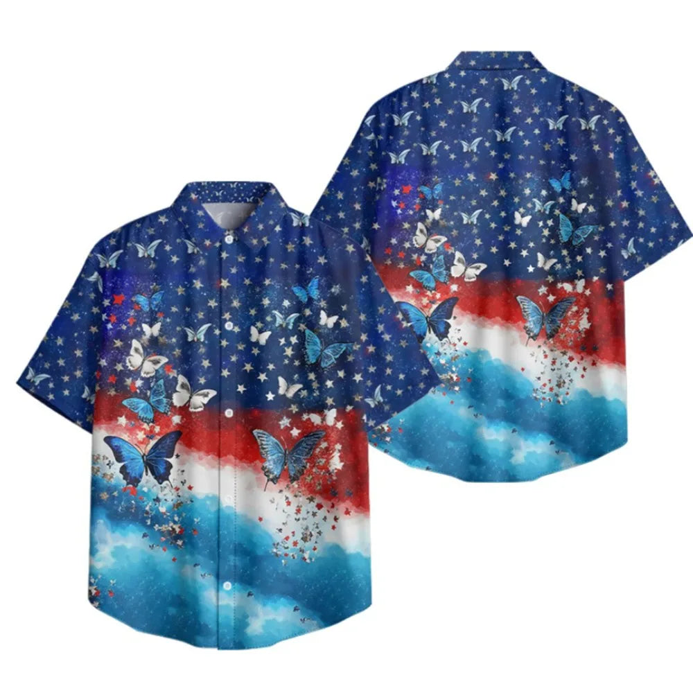 Men's Patriotic July 4th Button-Up Shirt American Flag Eagle Print Short Sleeve Casual Top for Independence Day Celebrations