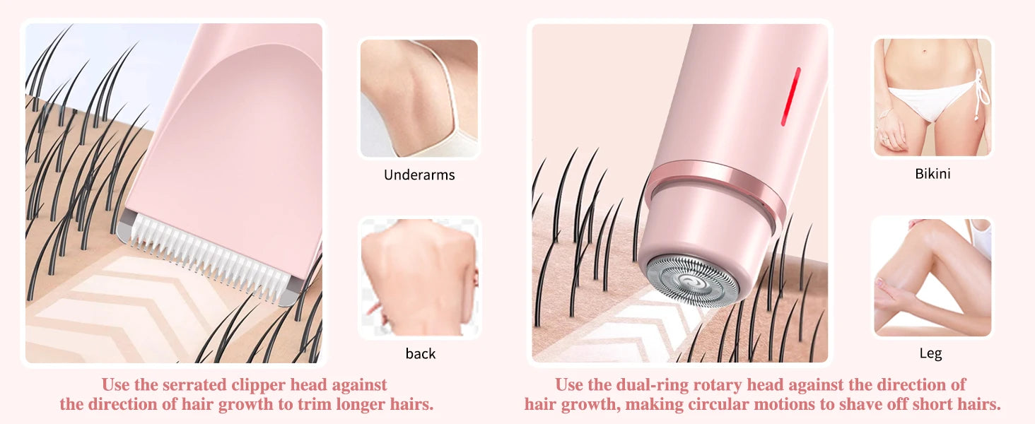 2 in 1 Dual-Head Painless Women Electric Razors Bikini Trimmer Wet Dry Use for Ladies Pubic Hair Detachable Head Electric Shaver