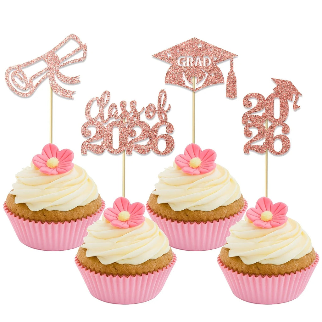 12pcs 2026 Graduation Cake Toppers Graduation Theme Party Picks with Diploma Grad Cap Graduation Party Celebration Decorations