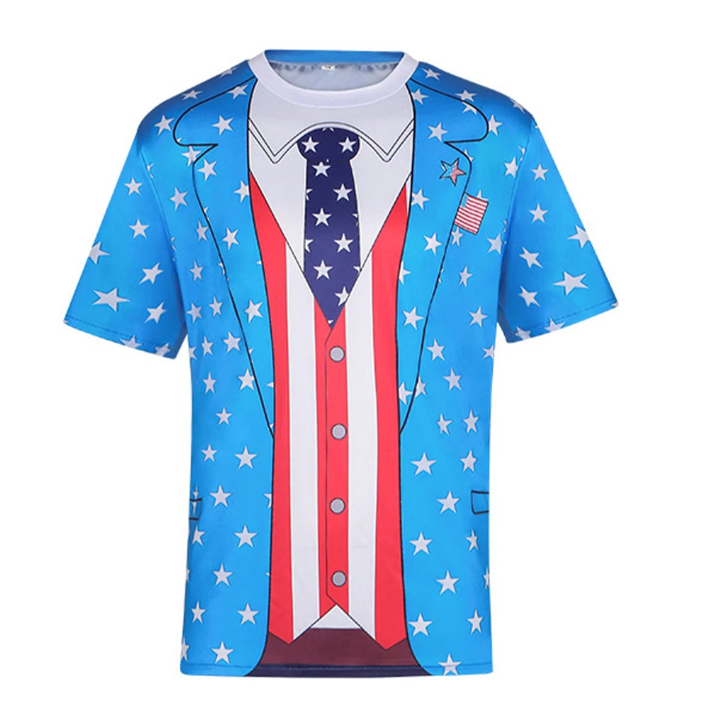 Patriotic Star Print 4Th of July T-Shirt with Top Hat Independence Day Cosplay Costume Set Men Short-Sleeve Tops Holiday Parties