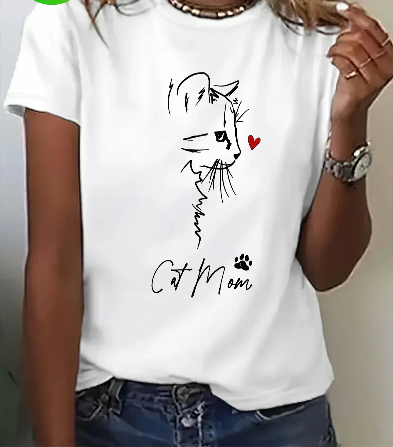 Mother's Day Gift for Cat Moms - Women's Casual Short Sleeve T-Shirt with Cute Cat Mom Cartoon Print White & Black Graphic
