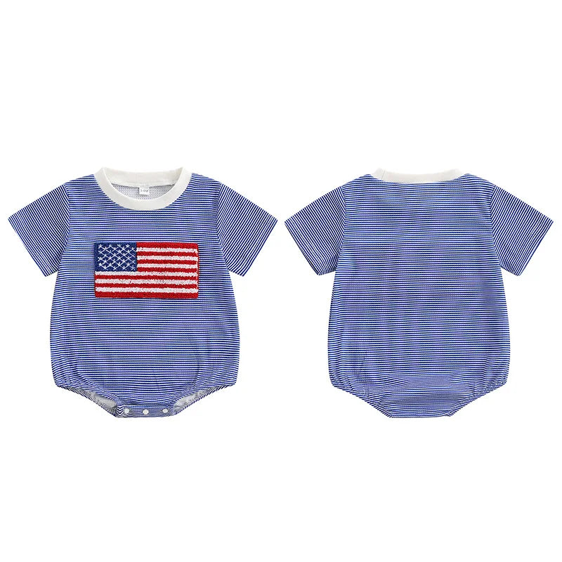 4th of July Baby Boy Outfit American Flag Short Sleeve Waffle Knit Romper Fourth of July Independence Day Bodysuits Clothes