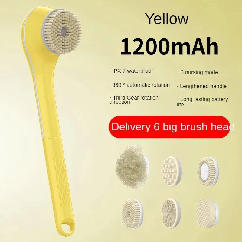 Electric Bath Brush with 6 Replaceable Heads, 360° Rotating Body Scrubber, IPX7 Waterproof, Type-C Rechargeable For Shower