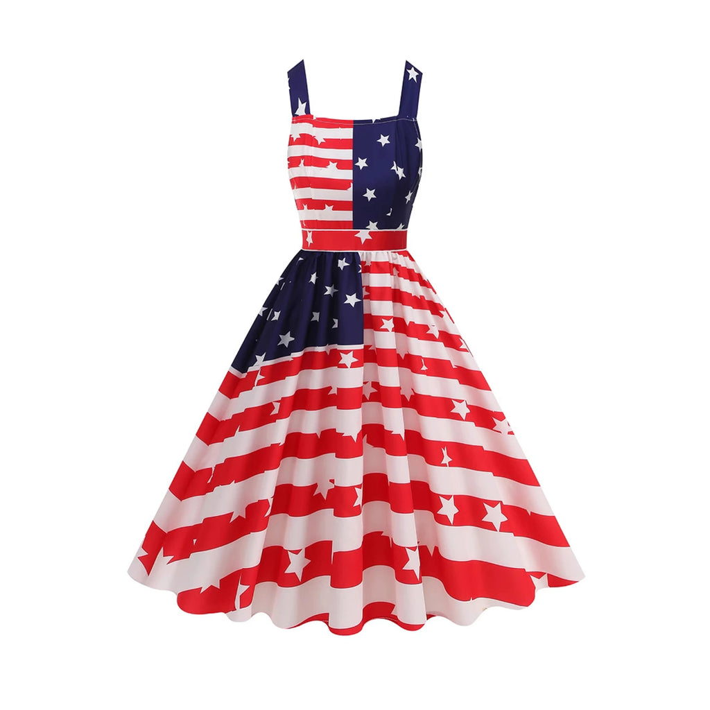 4th Of July Independence Day Dress For Women American Flag Patriotic Dresses Summer Beach Vacation Vintage Suspender Swing Dress