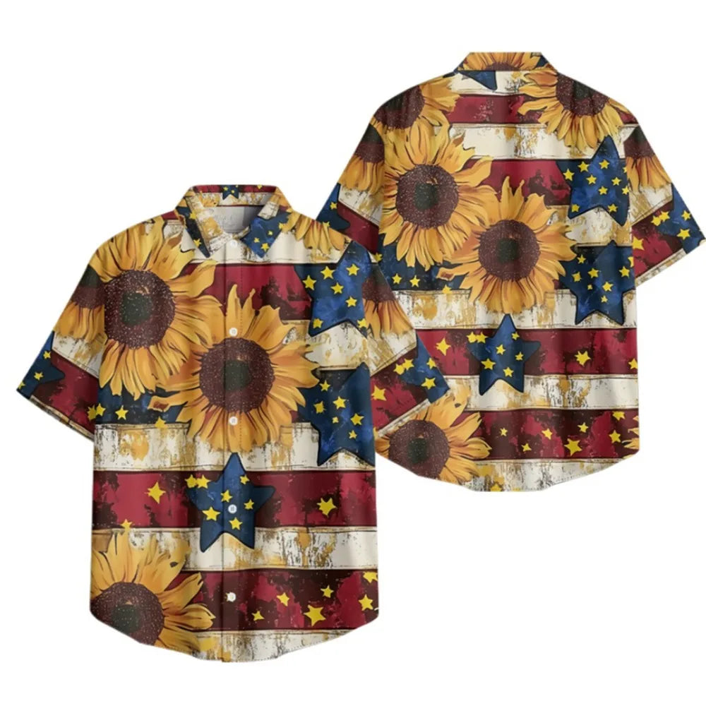 Men's Patriotic July 4th Button-Up Shirt American Flag Eagle Print Short Sleeve Casual Top for Independence Day Celebrations