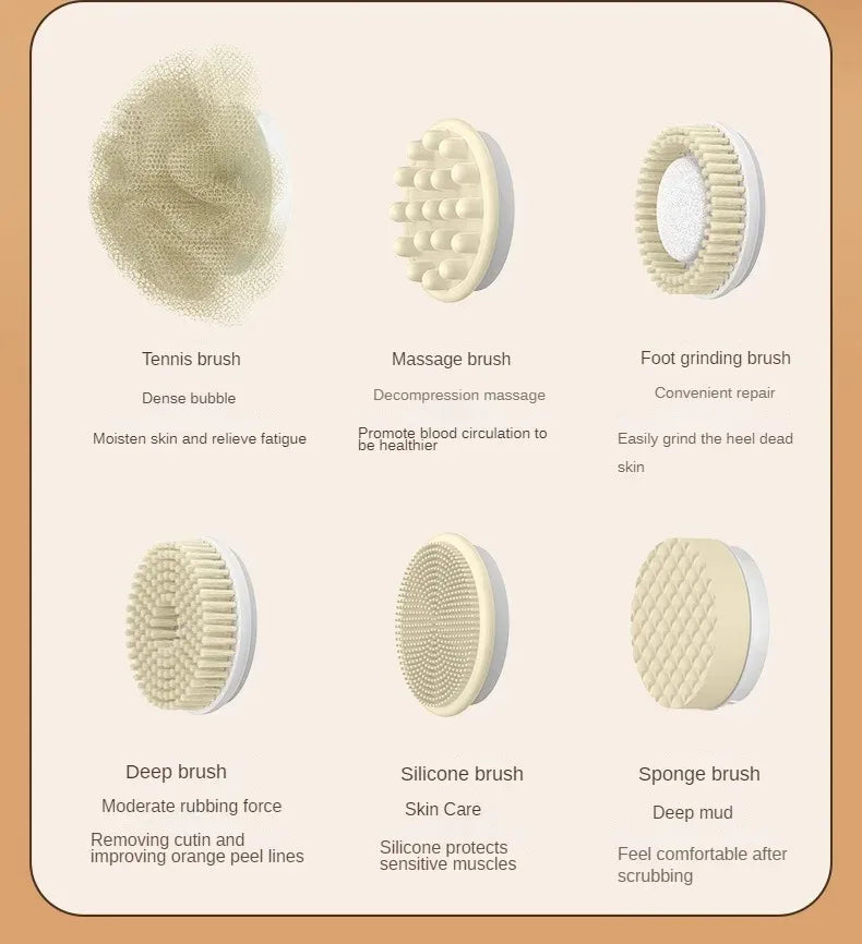 Electric Bath Brush with 6 Replaceable Heads, 360° Rotating Body Scrubber, IPX7 Waterproof, Type-C Rechargeable For Shower