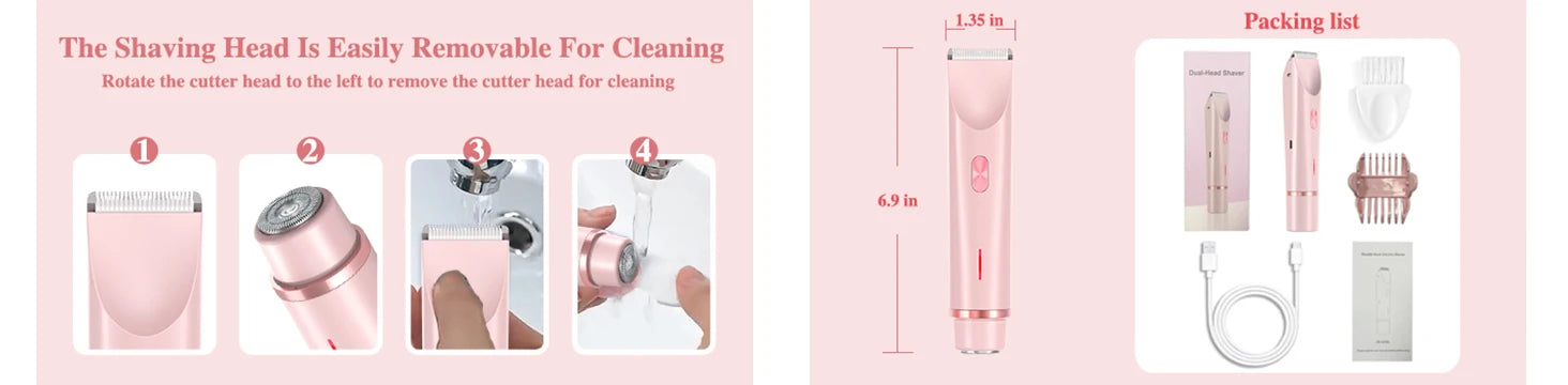 2 in 1 Dual-Head Painless Women Electric Razors Bikini Trimmer Wet Dry Use for Ladies Pubic Hair Detachable Head Electric Shaver