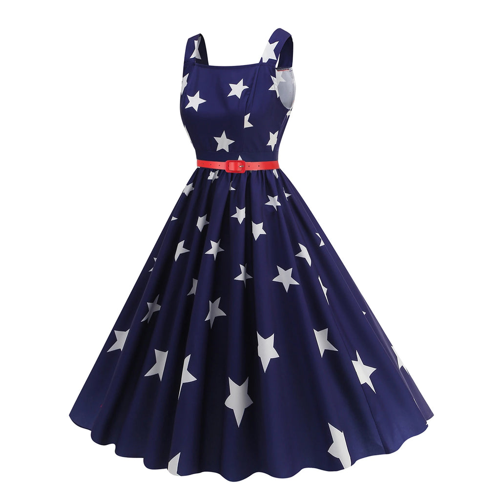 4th Of July Independence Day Dress For Women American Flag Patriotic Dresses Summer Beach Vacation Vintage Suspender Swing Dress