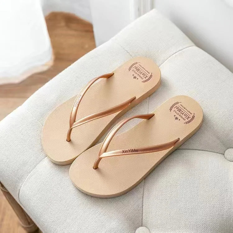 EOFK Women Flip Flops Summer New Outside Slippers PVC Soft Shoes Casual Shinny Pear Color Beach Plus Size 45 Flat with Solid