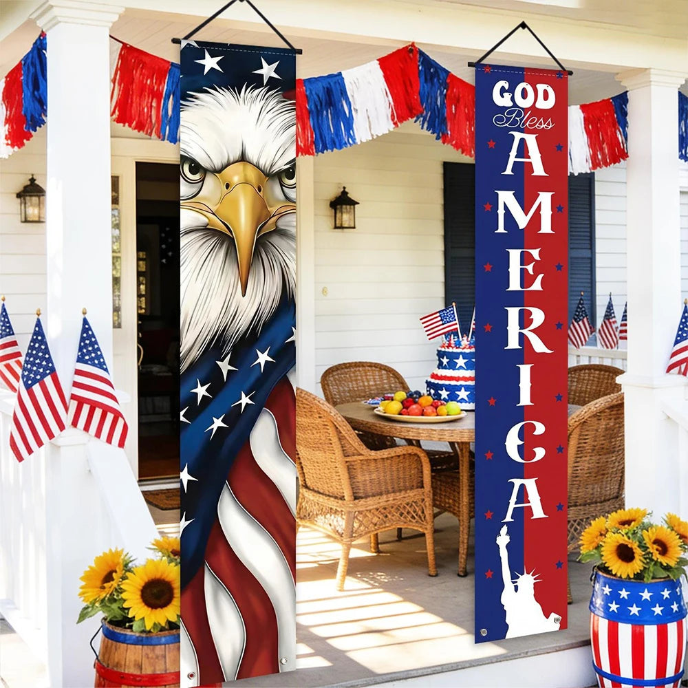 1 Set Patriotic Porch Banner American Flag Polyester Independence Day Front Door Hanging Decoration For 4th Of July Party Decor
