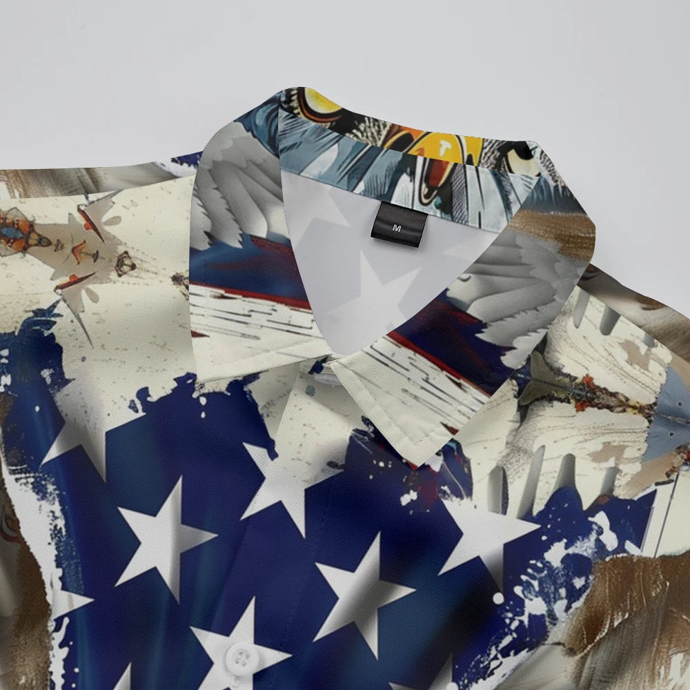 Men's Patriotic July 4th Button-Up Shirt American Flag Eagle Print Short Sleeve Casual Top for Independence Day Celebrations