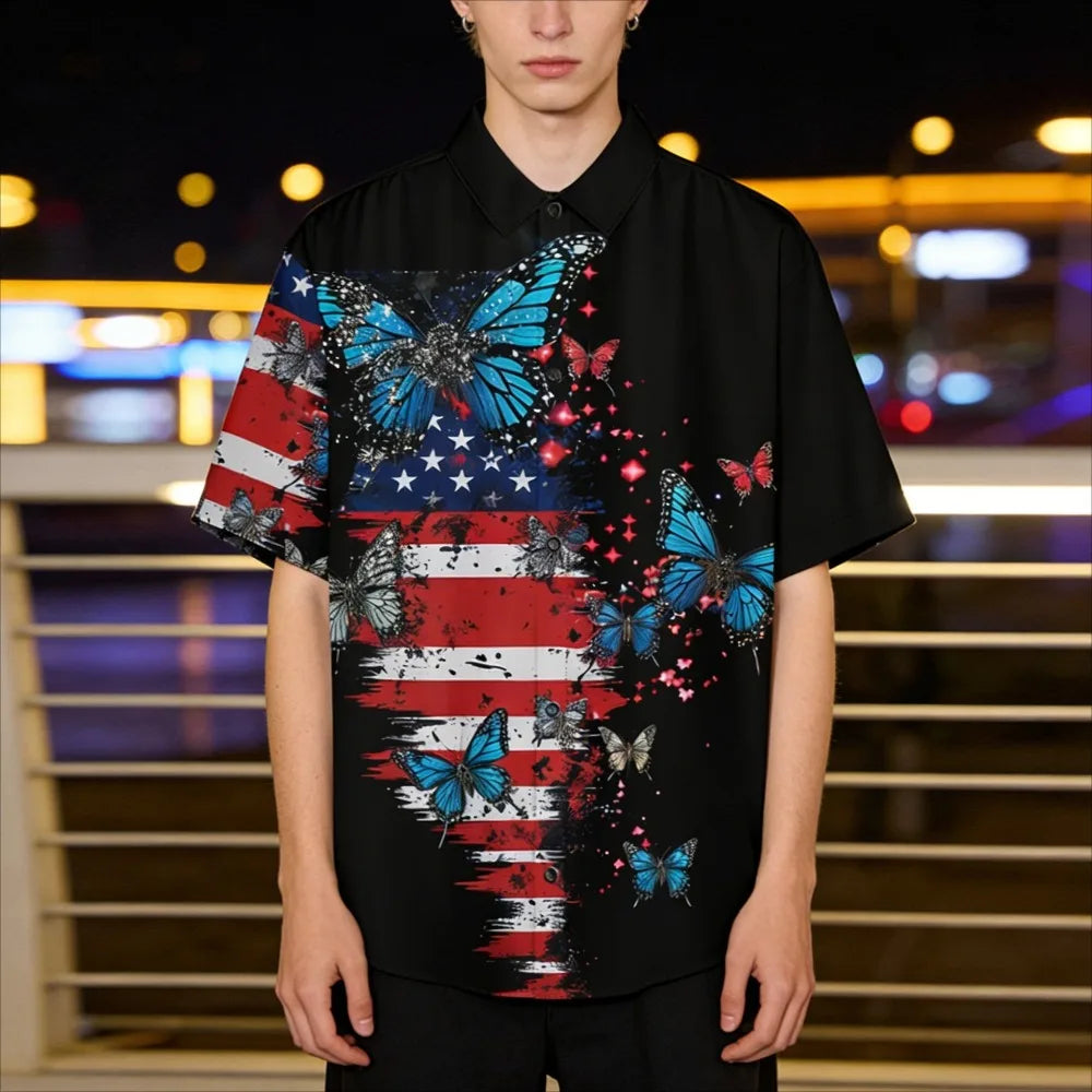 Men's Patriotic July 4th Button-Up Shirt American Flag Eagle Print Short Sleeve Casual Top for Independence Day Celebrations