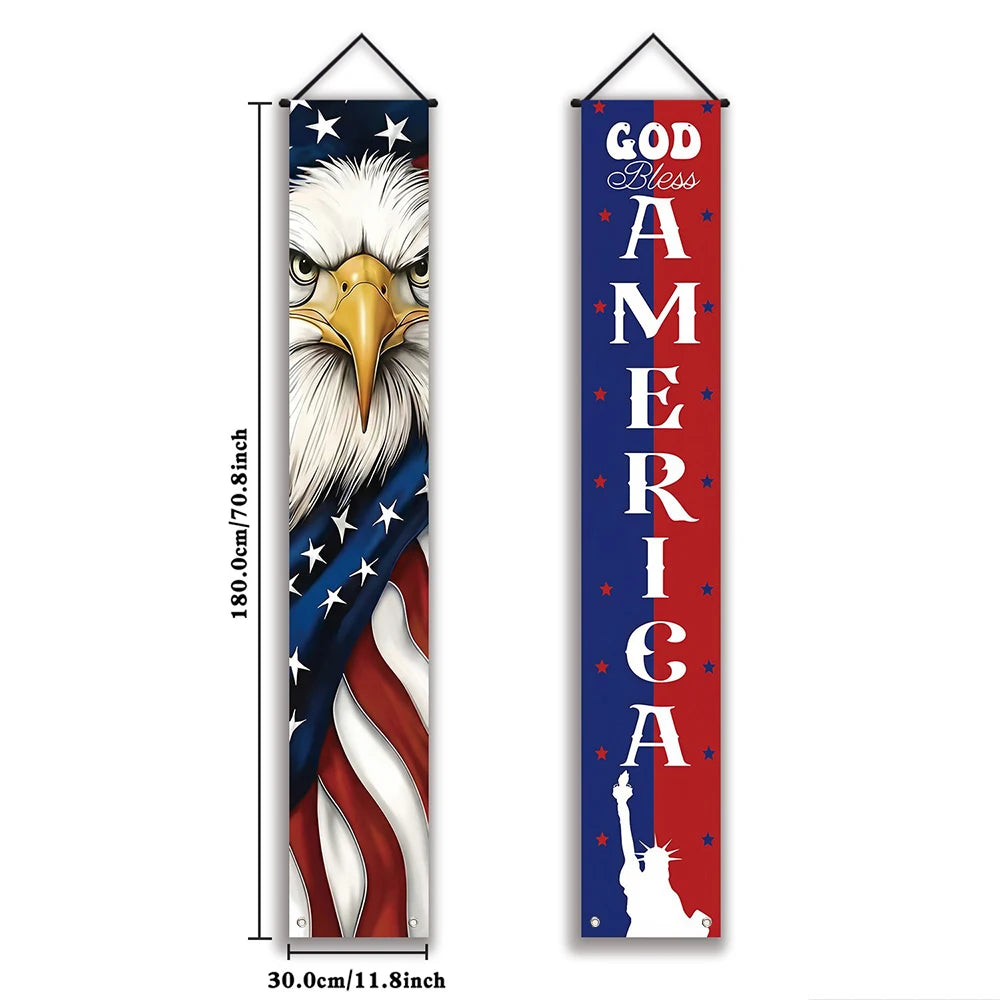 1 Set Patriotic Porch Banner American Flag Polyester Independence Day Front Door Hanging Decoration For 4th Of July Party Decor
