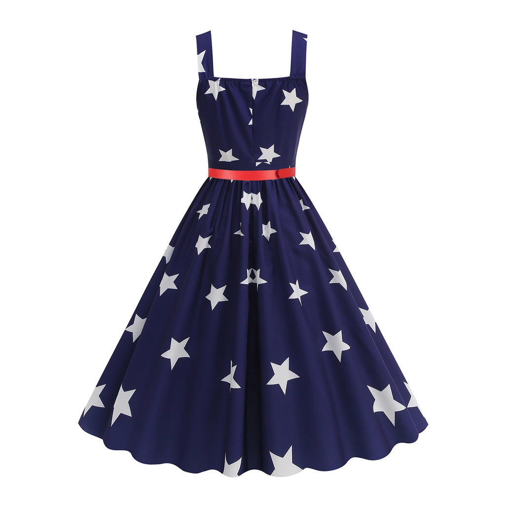 4th Of July Independence Day Dress For Women American Flag Patriotic Dresses Summer Beach Vacation Vintage Suspender Swing Dress