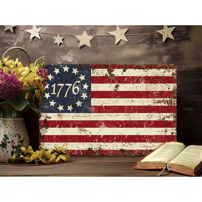 Primitive Fourth of July Decor - Betsy Ross 13 Star 1776 American Flag Sign - Independence Day Patriotic Colonial Decoration