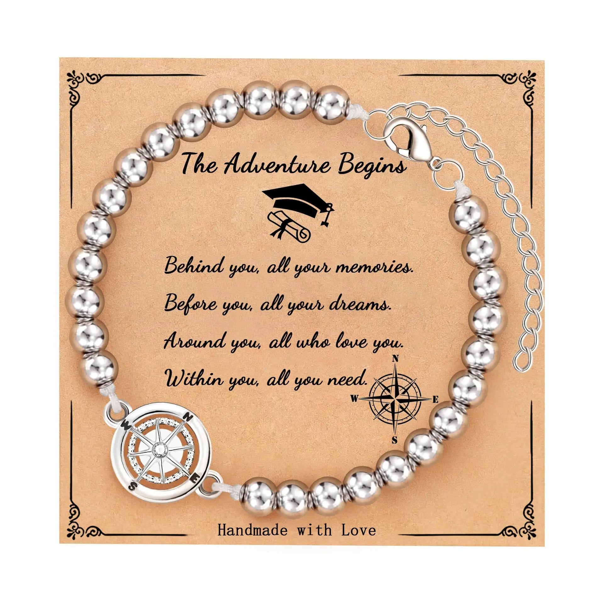 2026 Graduation Gifts for Her Him Sister - Stainless Steel Compass Beaded Bracelets for High School/College/Middle School Grads