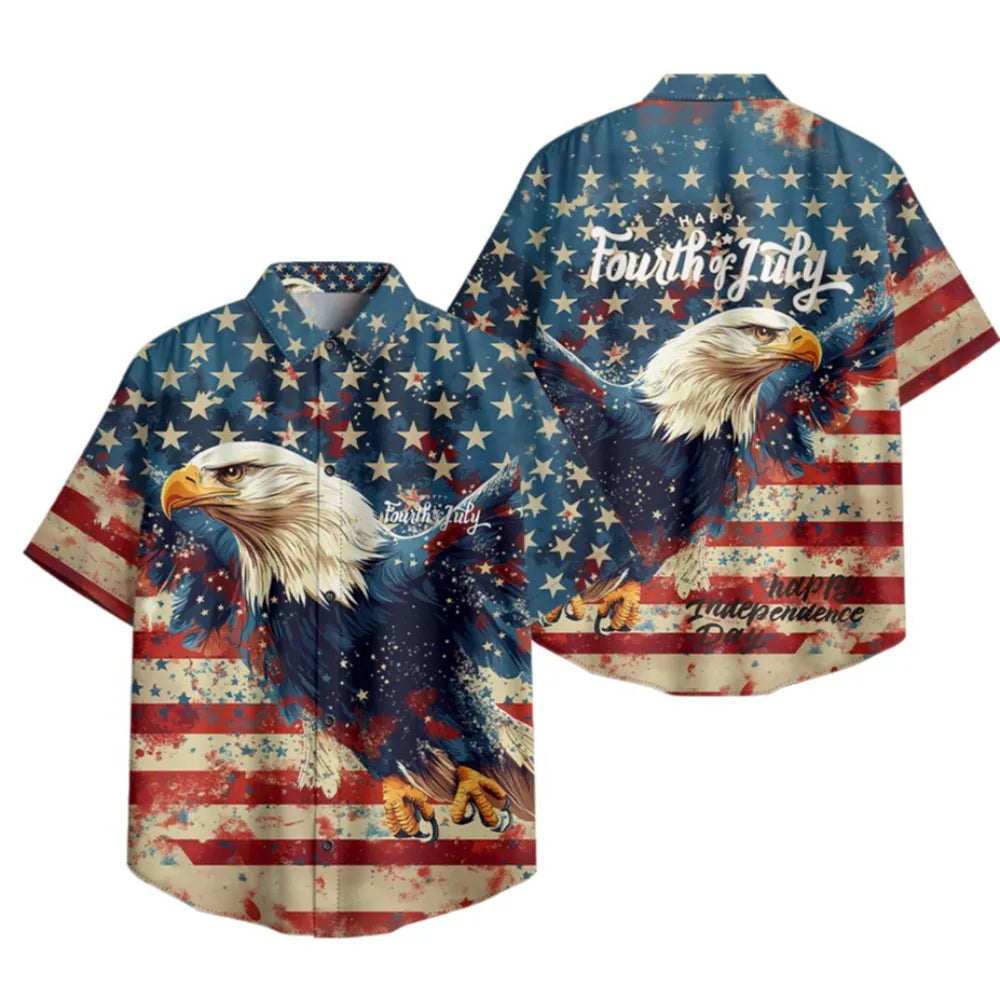 Men's Patriotic July 4th Button-Up Shirt American Flag Eagle Print Short Sleeve Casual Top for Independence Day Celebrations