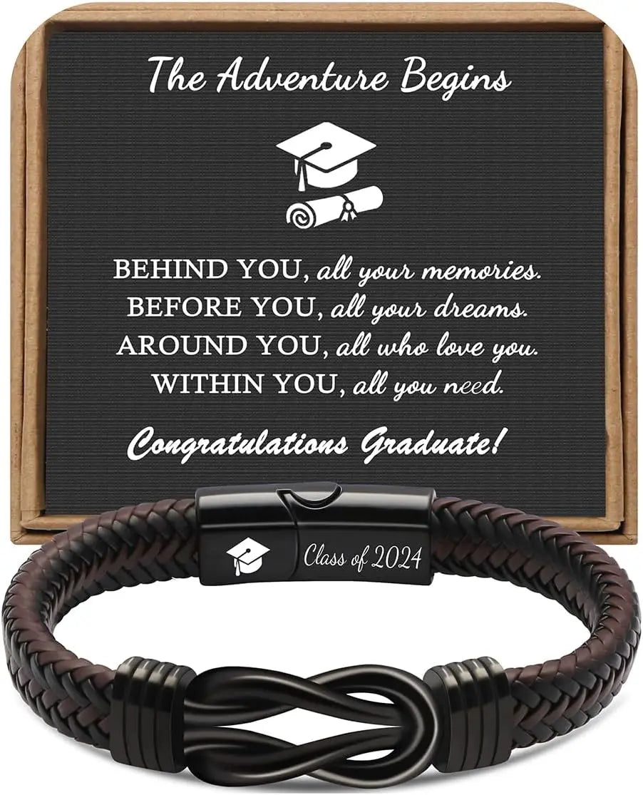 High School College Graduation Gifts for Men Class of 2024 Leather Stainless Steel Knot Bracelet, Graduation Gifts for Son BFF
