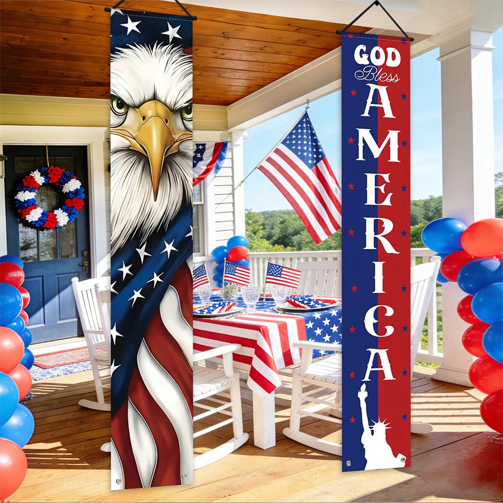 1 Set Patriotic Porch Banner American Flag Polyester Independence Day Front Door Hanging Decoration For 4th Of July Party Decor