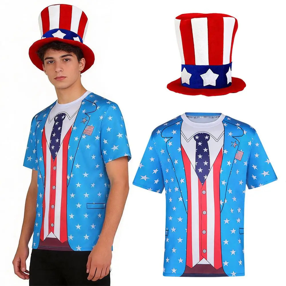 Patriotic Star Print 4Th of July T-Shirt with Top Hat Independence Day Cosplay Costume Set Men Short-Sleeve Tops Holiday Parties
