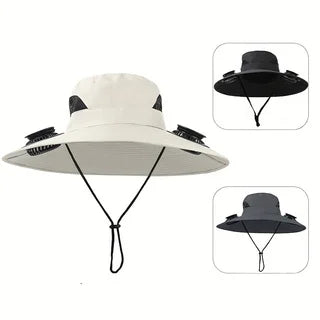 Outdoor Solar Fan Hat UV Protection Sun Hat with 2 Solar Powered Fans Cap Breathable Wide Brim Fishing Hat for Camping Hiking