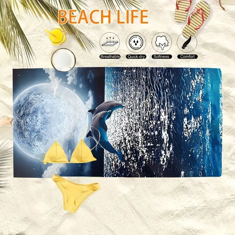 Dolphin and Moon Beach Towel: Dive into Fantasy by the Sea Suitable for towels, bath towels, beach towels
