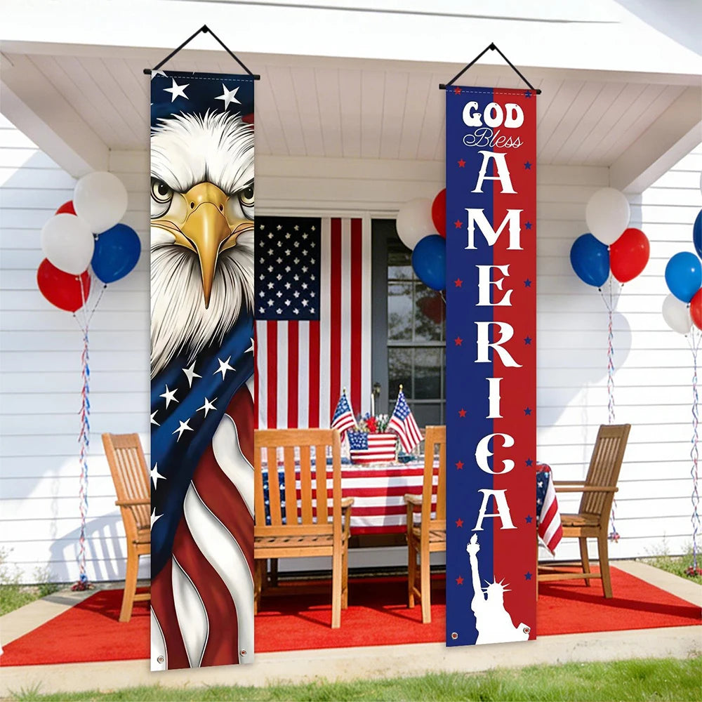 1 Set Patriotic Porch Banner American Flag Polyester Independence Day Front Door Hanging Decoration For 4th Of July Party Decor
