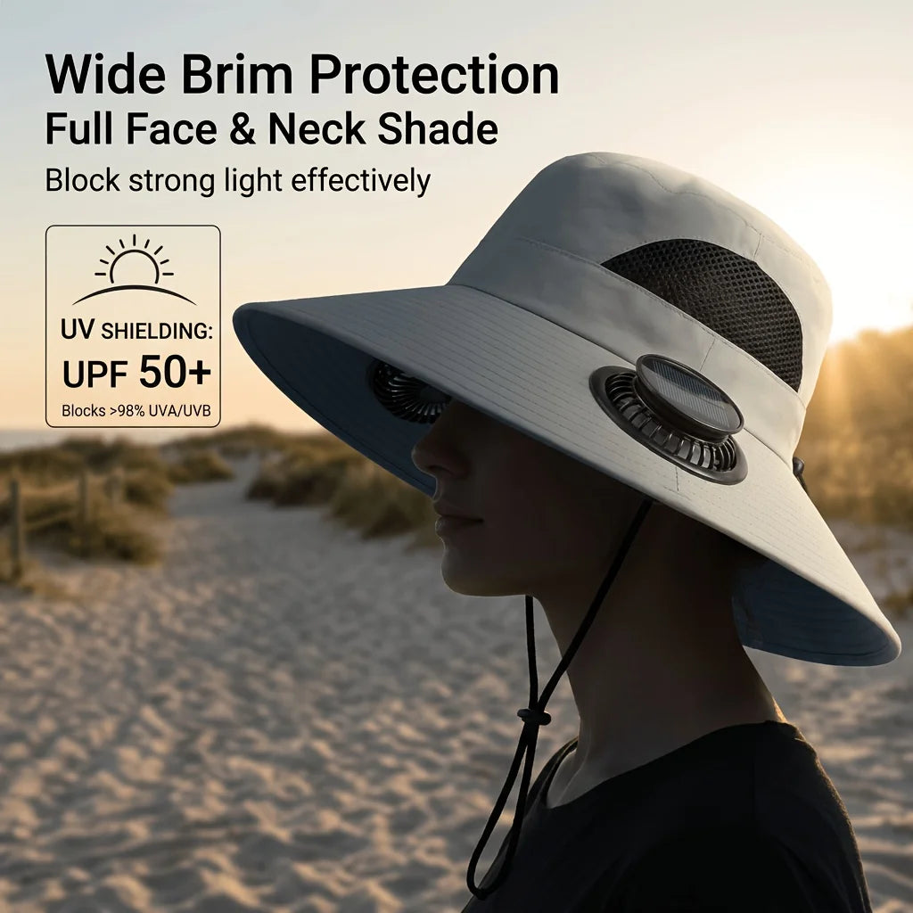 Outdoor Solar Fan Hat UV Protection Sun Hat with 2 Solar Powered Fans Cap Breathable Wide Brim Fishing Hat for Camping Hiking