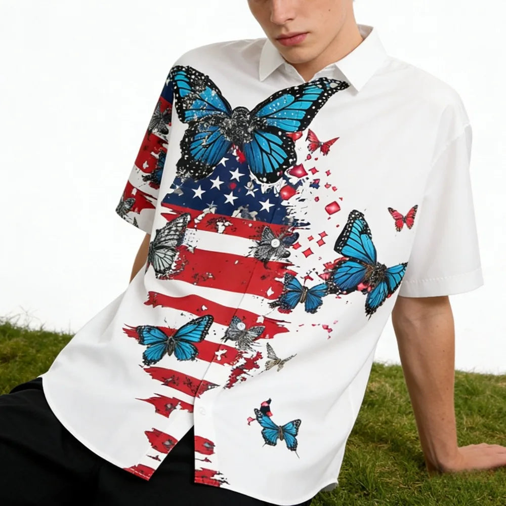 Men's Patriotic July 4th Button-Up Shirt American Flag Eagle Print Short Sleeve Casual Top for Independence Day Celebrations