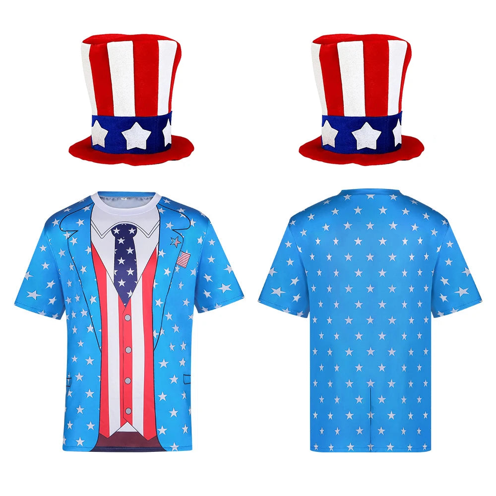 Patriotic Star Print 4Th of July T-Shirt with Top Hat Independence Day Cosplay Costume Set Men Short-Sleeve Tops Holiday Parties