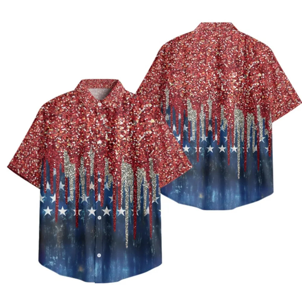Men's Patriotic July 4th Button-Up Shirt American Flag Eagle Print Short Sleeve Casual Top for Independence Day Celebrations