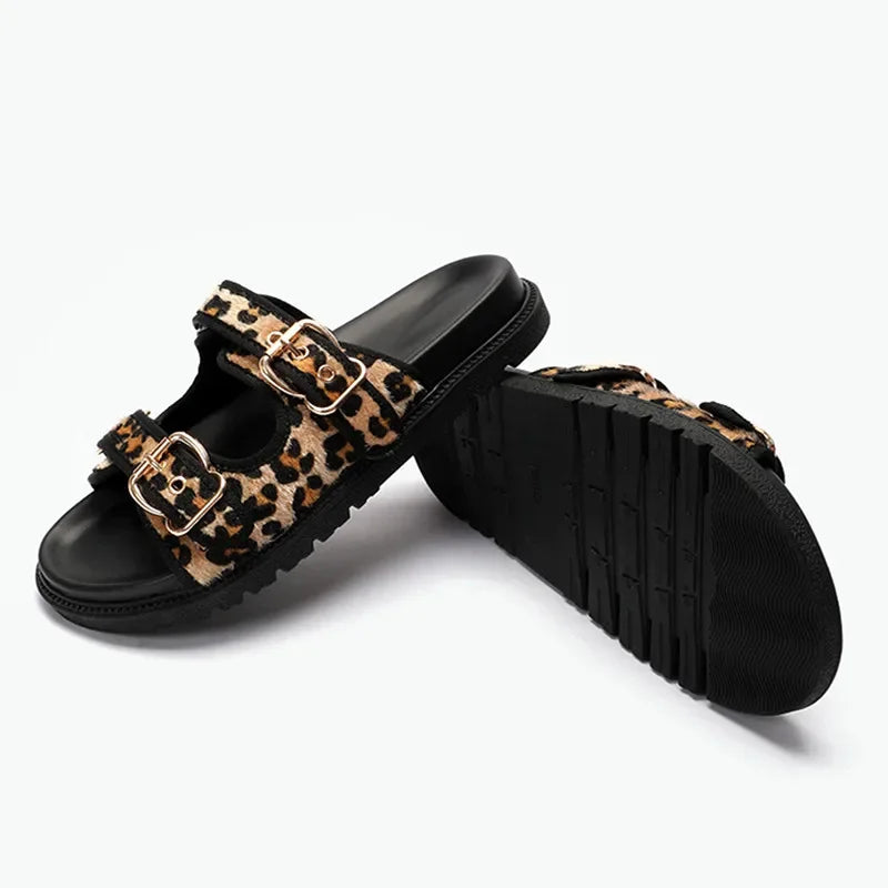 High Quality Leopard Metal Buckle Design Women Slippers Sexy Comfort Non Slip Slide Sandals Summer Size 43 Platform Flip Flops