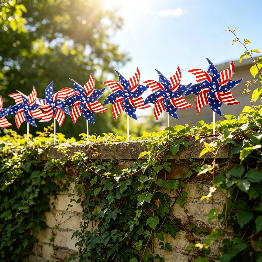 12pcs American Independence Day Handheld Pinwheels, 4th of July Patriotic Red White and Blue Wind Spinners, Holiday Decorations