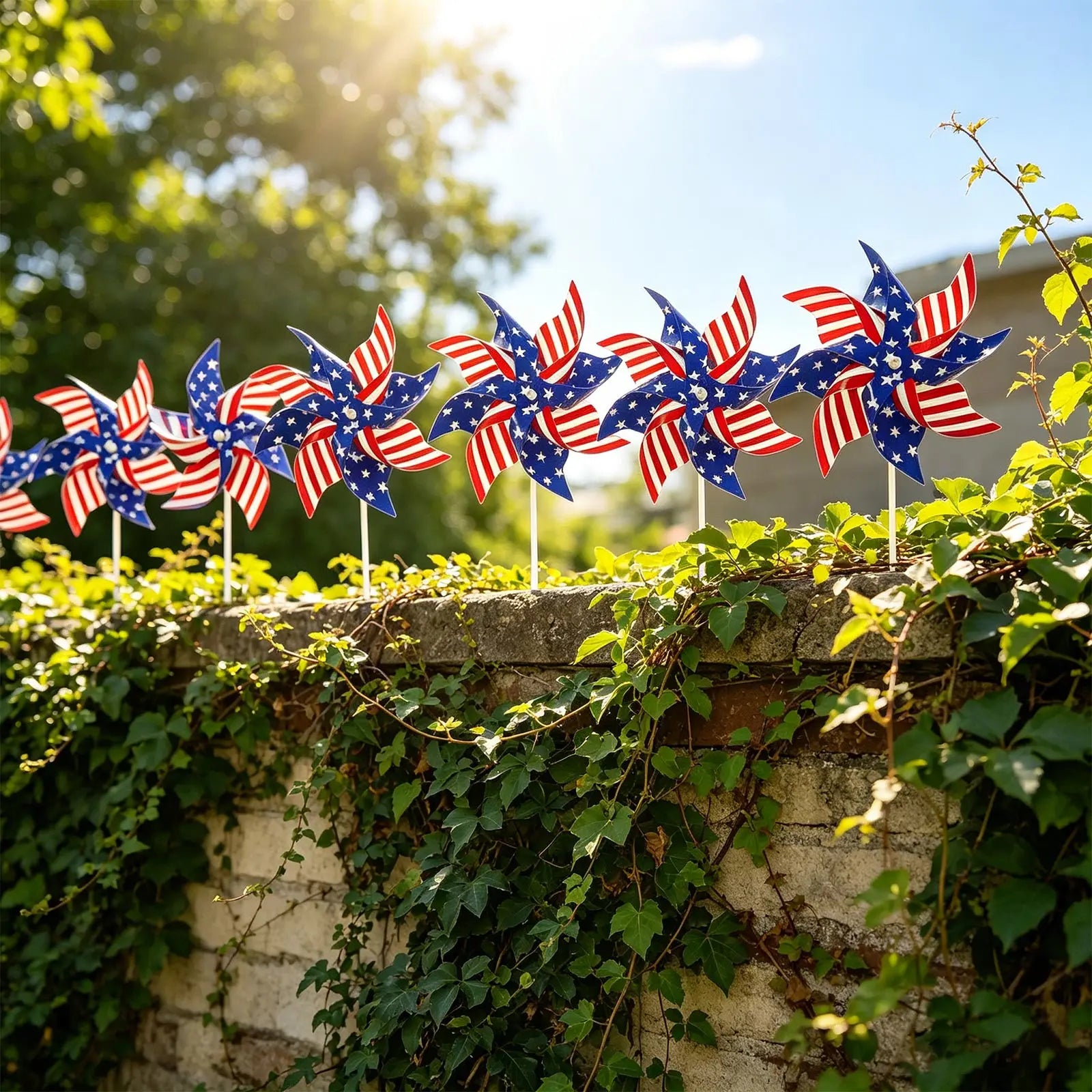 12pcs American Independence Day Handheld Pinwheels, 4th of July Patriotic Red White and Blue Wind Spinners, Holiday Decorations
