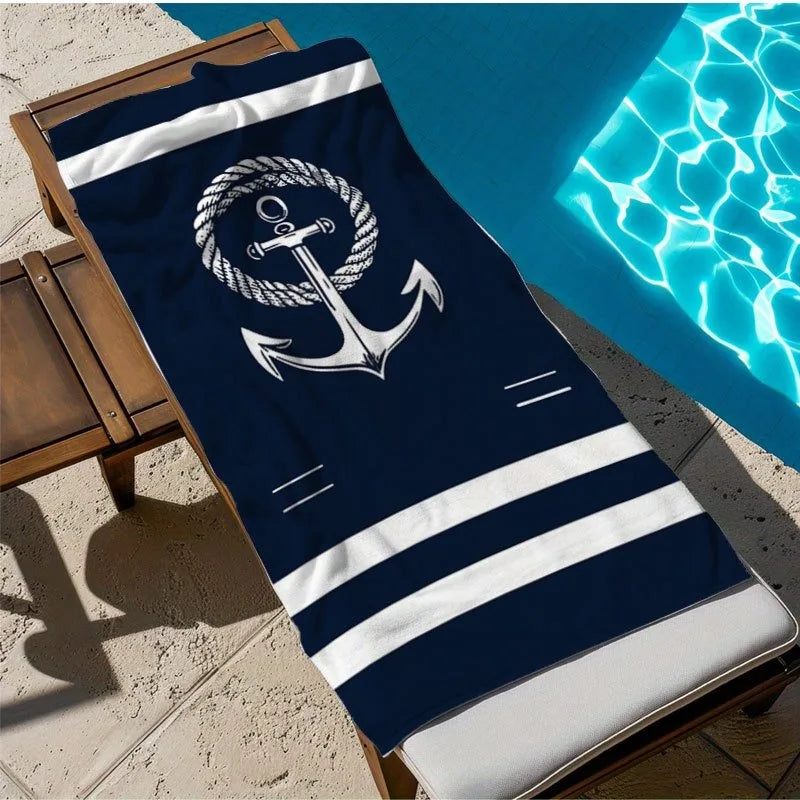 Navy Blue Beach Towel with Anchor and Rope Design: Your Ultimate Beach Essential! Suitable for towels, bath towels, beach towels