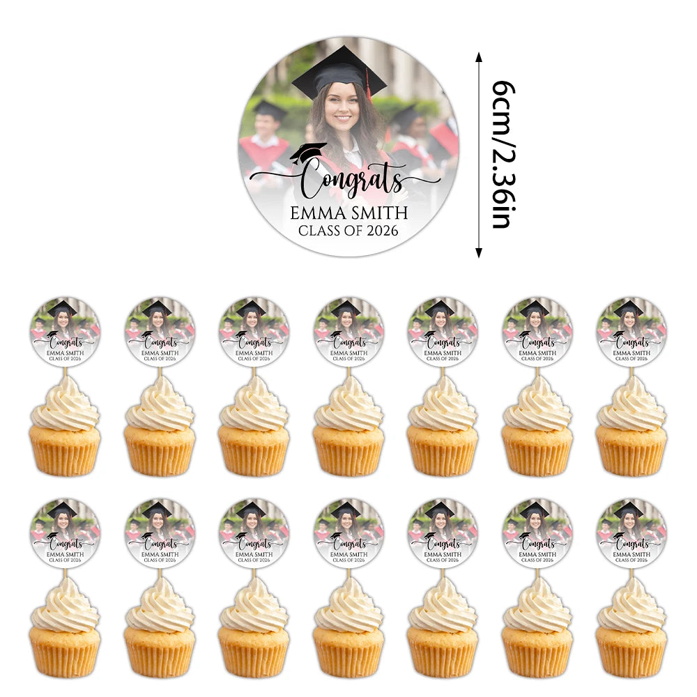 6/12/24pcs customized photos and text graduation cake topper, perfect for 2026 graduation season, happy graduation parties