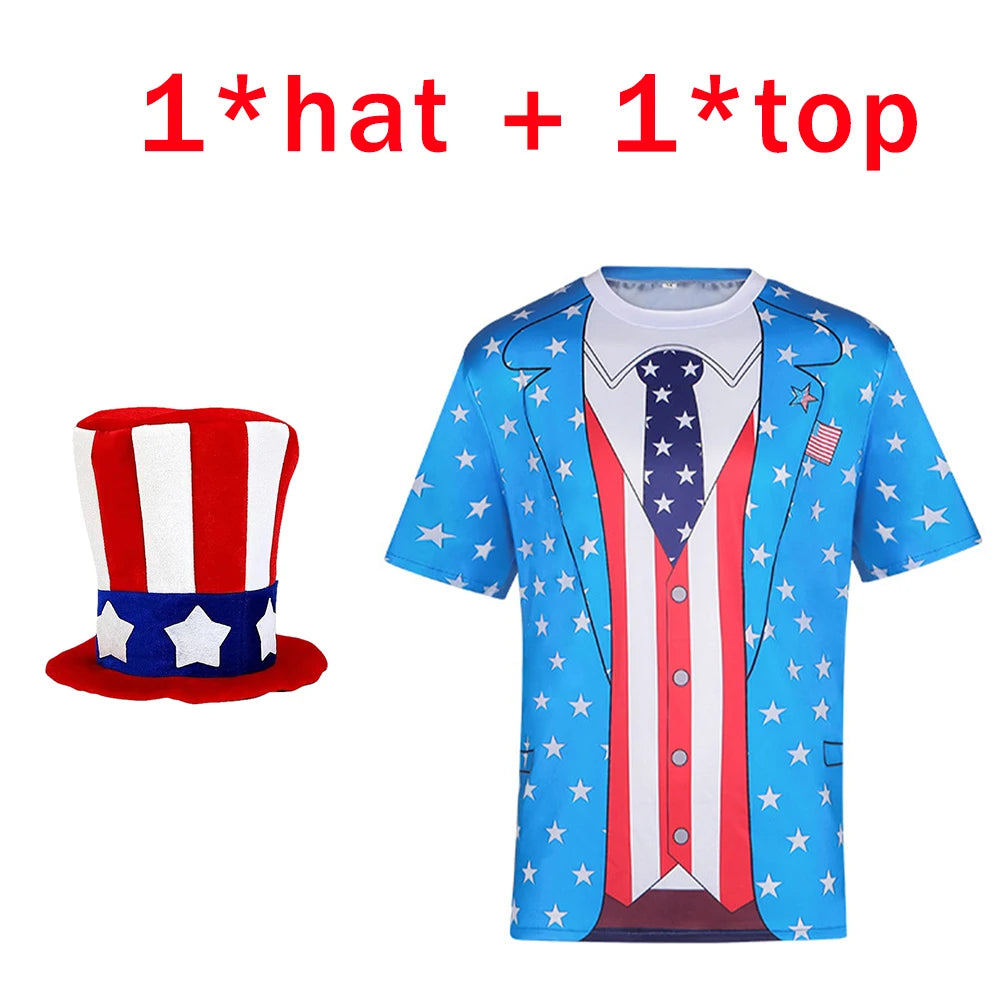 Patriotic Star Print 4Th of July T-Shirt with Top Hat Independence Day Cosplay Costume Set Men Short-Sleeve Tops Holiday Parties